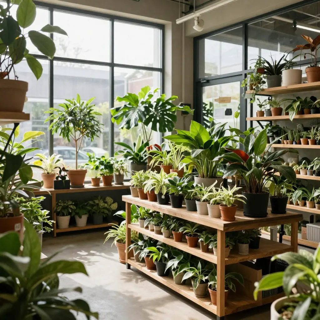 Plant shop interior with various indoor plants